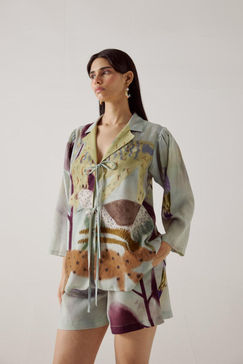 Front Tie Shirt-Mirage linen by CORD in multi for women in Singapore