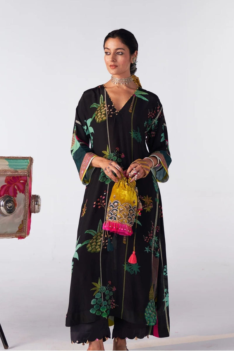 Sakhi Black Printed Kaftan Kurta Set by Rajiramniq for women in Singapore