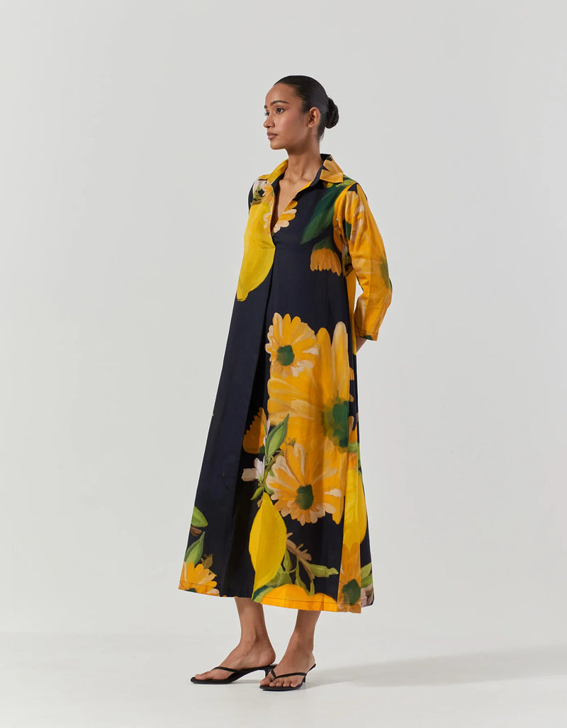 POMELLO COLLAR DRESS satin by Yam in black color for women in Singapore