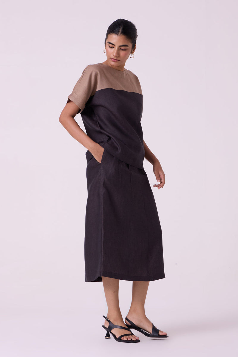 Sandra Charcoal Linen Midi Skirt linen skirt by The Summer House in black for women in Singapore