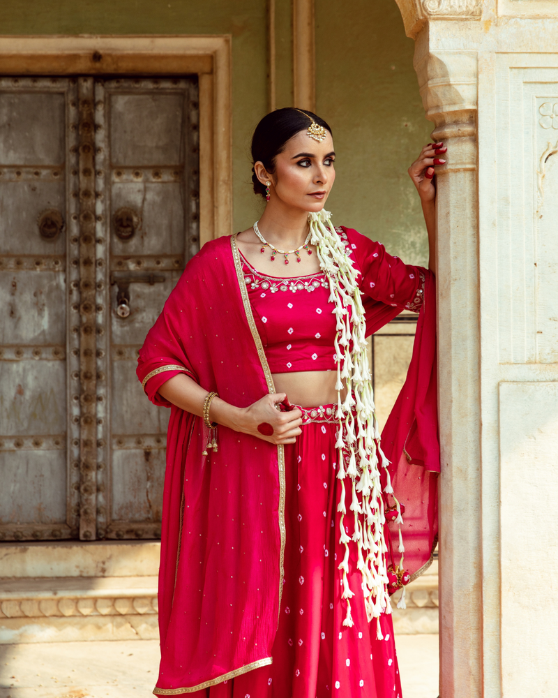 Fuchsia & White Bandhej Print Lehenga Set satin Buy Fuchsia & White Bandhej Print Lehenga Set from C&W | Lehenga Sets for Women by Maison Shefali in multi color for women in Singapore