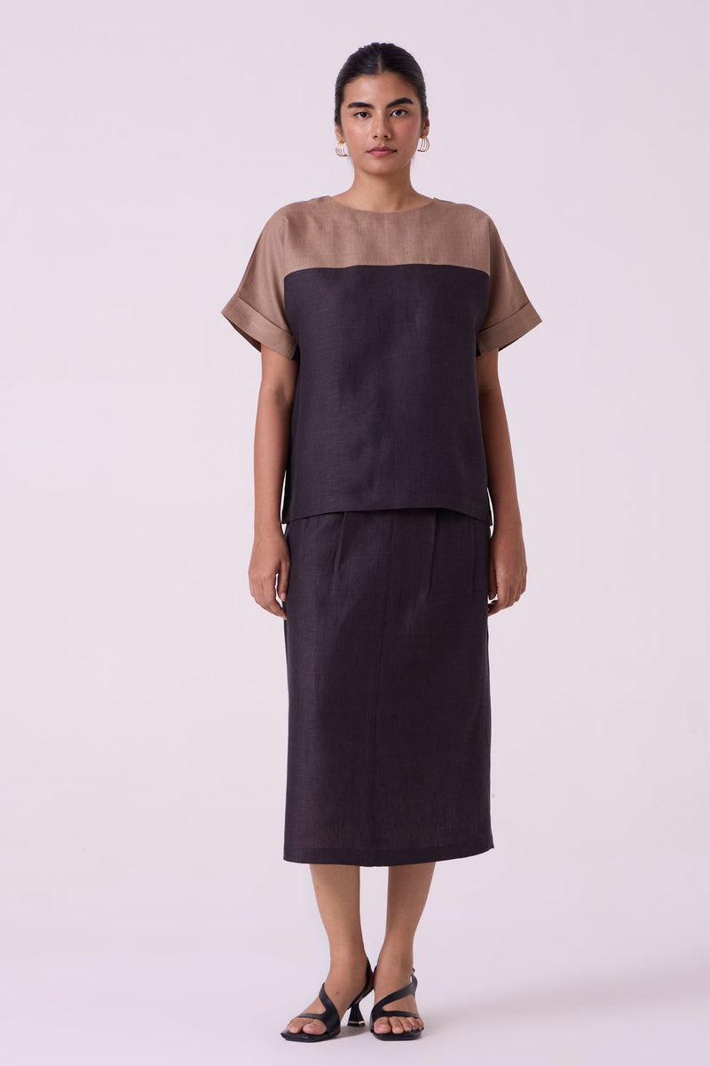 Jiku Charcoal Colourblocked Linen Top linen top/shirt by The Summer House in black for women in Singapore