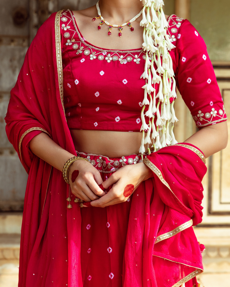 Fuchsia & White Bandhej Print Lehenga Set satin Buy Fuchsia & White Bandhej Print Lehenga Set from C&W | Lehenga Sets for Women by Maison Shefali in multi color for women in Singapore