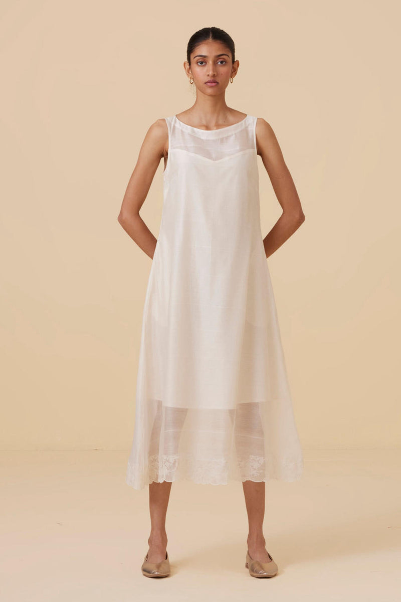 Reyah Handwoven Embroidered Midi Dress chanderi by The Summer House in white color for women in Singapore
