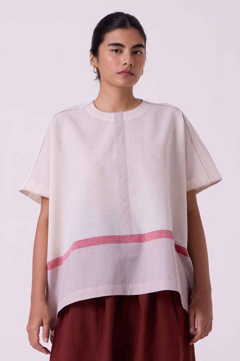 Kaze Ecru Colourblocked Handwoven Tent Top handwoven cotton top/shirt by The Summer House in off white for women in Singapore