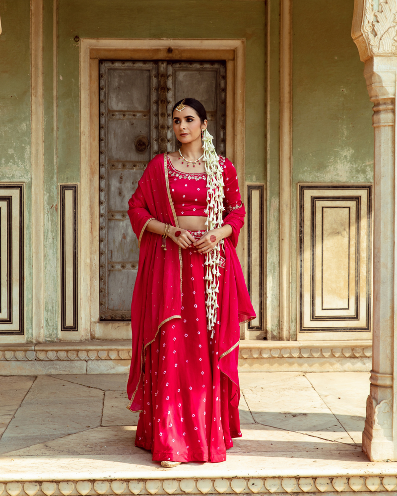 Fuchsia & White Bandhej Print Lehenga Set satin Buy Fuchsia & White Bandhej Print Lehenga Set from C&W | Lehenga Sets for Women by Maison Shefali in multi color for women in Singapore