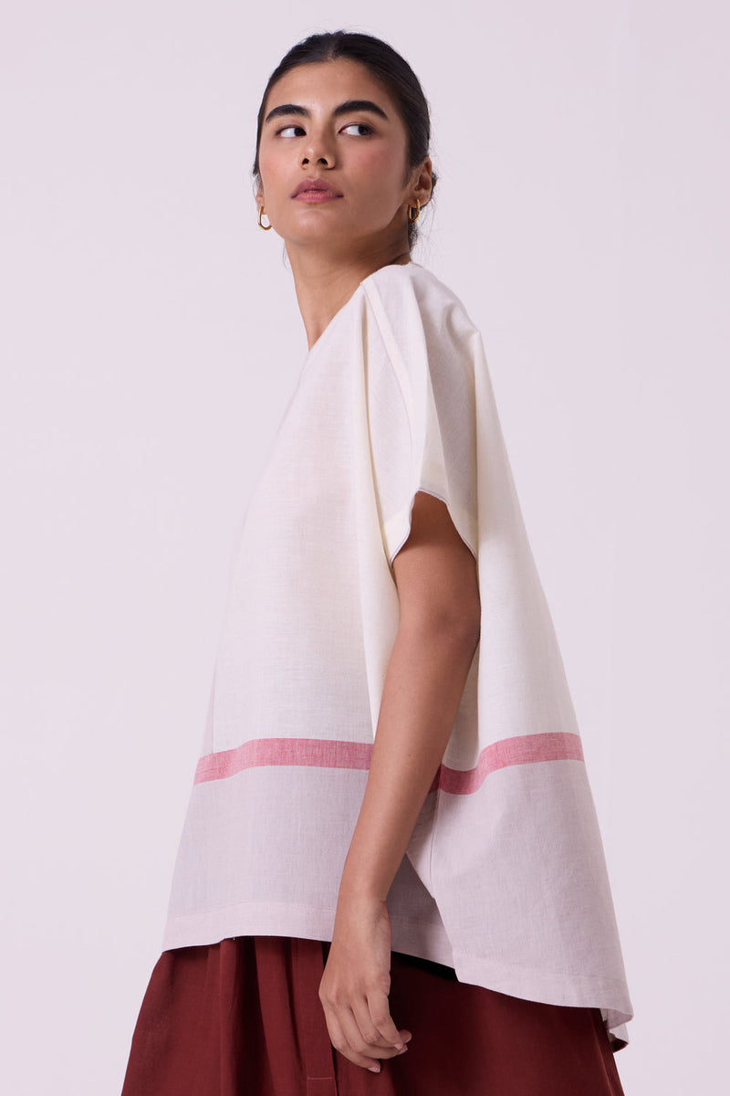 Kaze Ecru Colourblocked Handwoven Tent Top handwoven cotton top/shirt by The Summer House in off white for women in Singapore