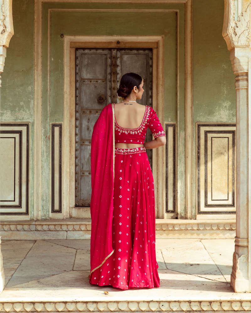 Fuchsia & White Bandhej Print Lehenga Set satin Buy Fuchsia & White Bandhej Print Lehenga Set from C&W | Lehenga Sets for Women by Maison Shefali in multi color for women in Singapore