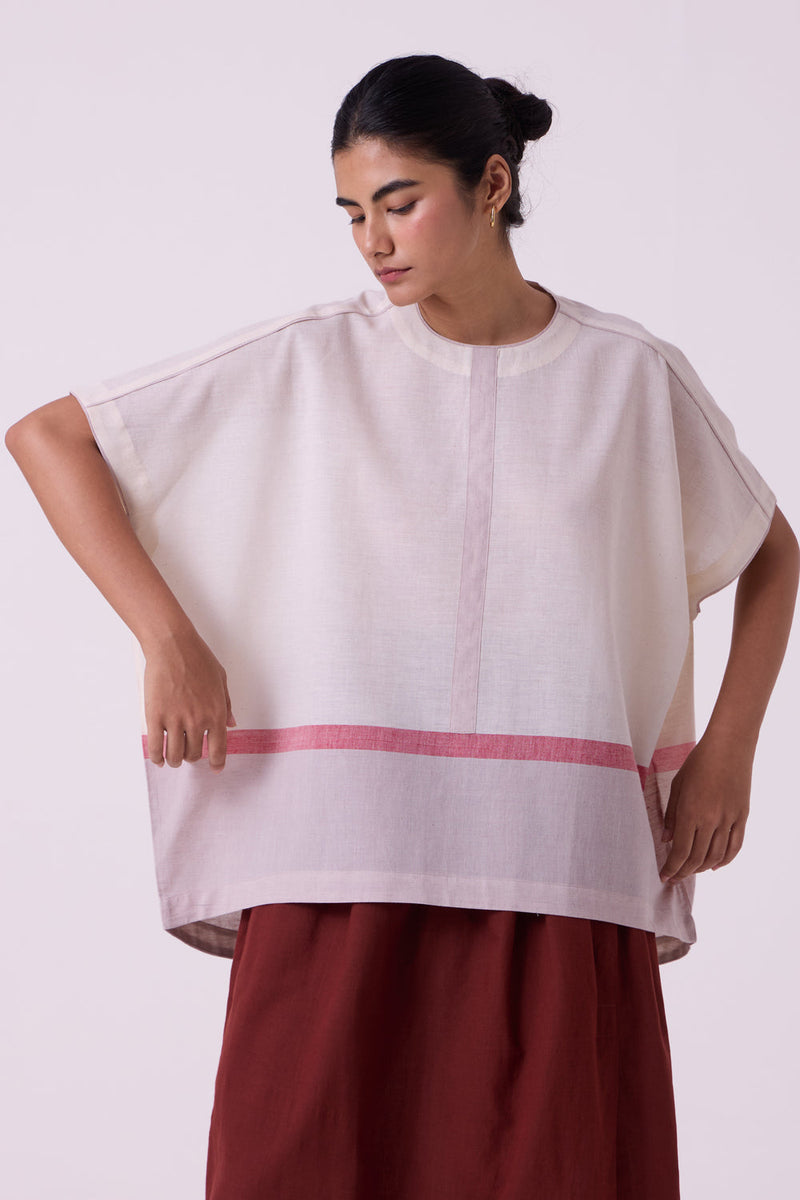 Kaze Ecru Colourblocked Handwoven Tent Top handwoven cotton top/shirt by The Summer House in off white for women in Singapore