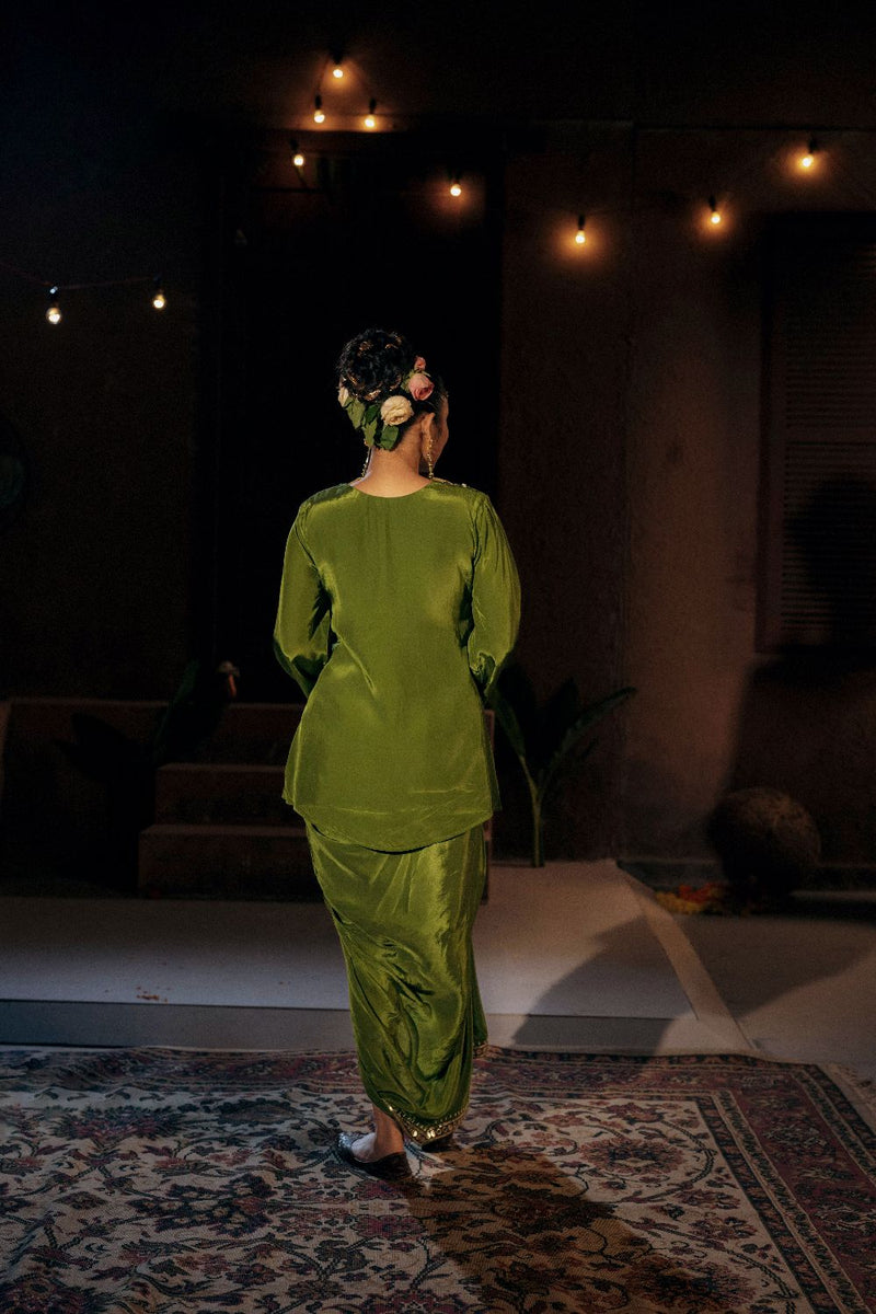 Sunira Tunic Jacket with Pleated Skirt- Mehendi