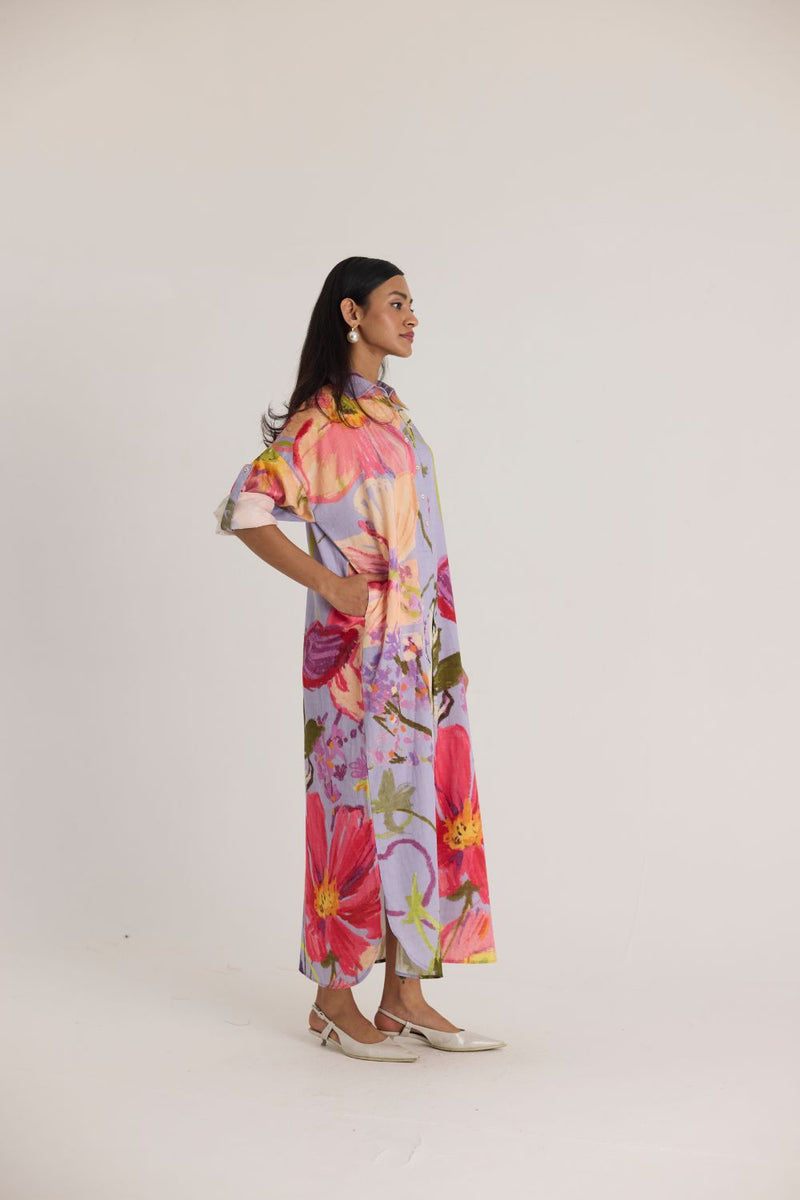 DOLLY PURPLE SHIRT DRESS satin by Yam in multi color for women in Singapore