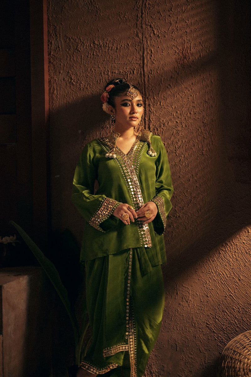 Sunira Tunic Jacket with Pleated Skirt- Mehendi