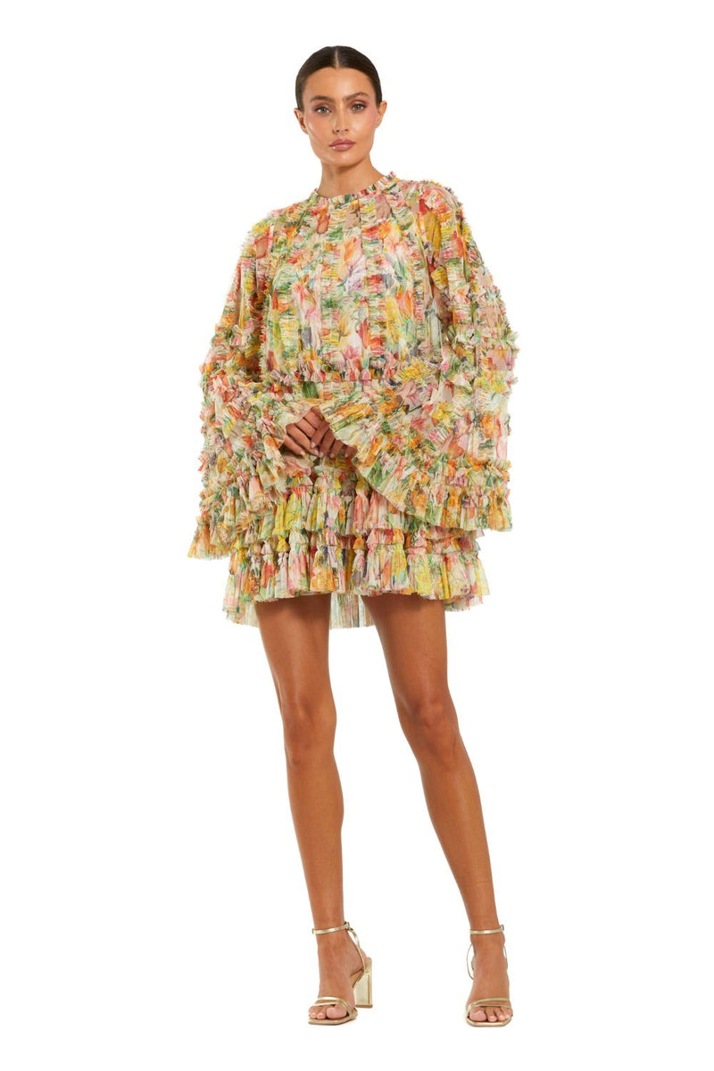 8300-Printed Mesh Ruffle High Neck Mini Dress by Mac Duggal for women in Singapore