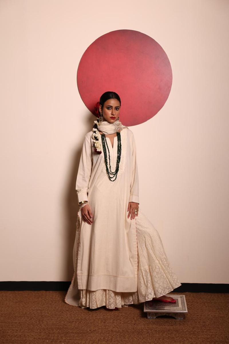 Off-White Organic Lucknowi work Kurta & Gharara Set