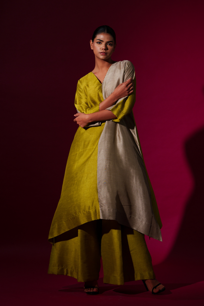 Onyx Tunic-Leaf green + Grey mysore silk kaftans and tunics by Stoique in leaf green, grey for women in Singapore