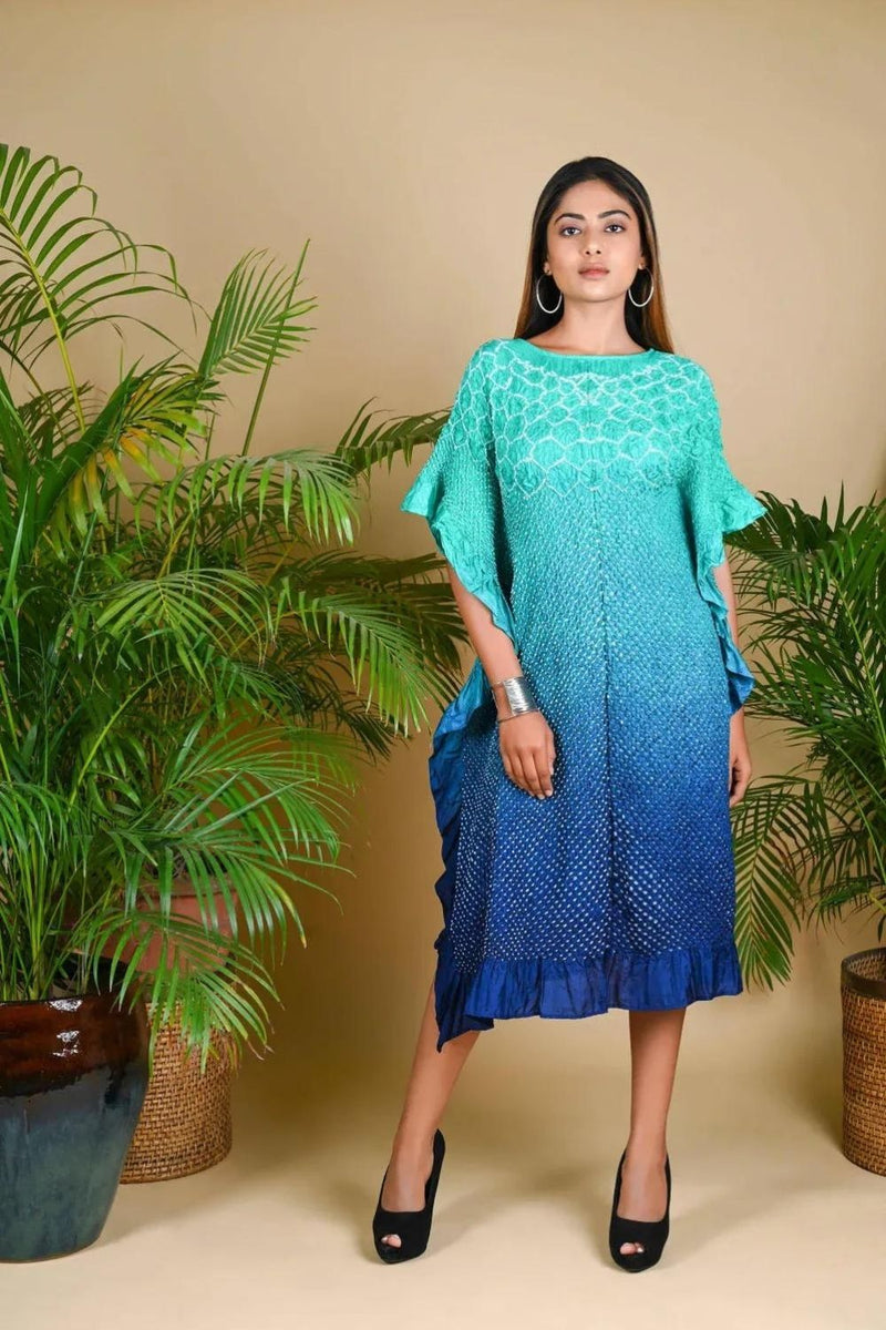 SUNFLOWER KAFTAN-AQUA GREEN TO INDIGO SHADED silk by Dyelogue in multi color for women in Singapore
