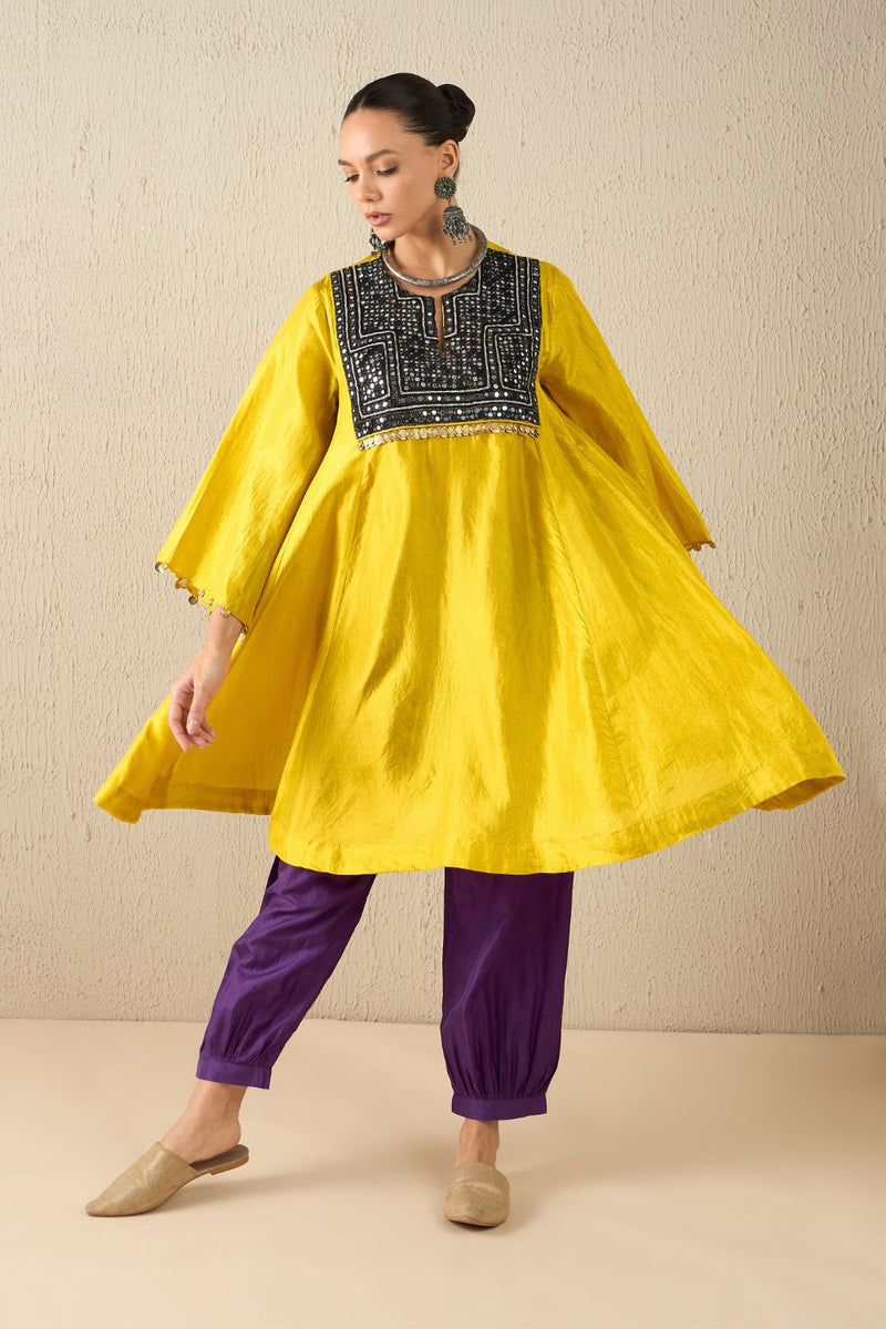 AFGHANI SILK SET - Yellow upper, Purple pants silk by Aavidi in yellow color for women in Singapore