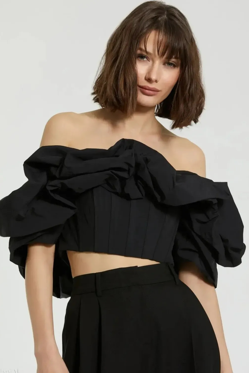 Black Faille Off The Shoulder Bustier Ruffle Top by Mac Duggal in black color for women in Singapore