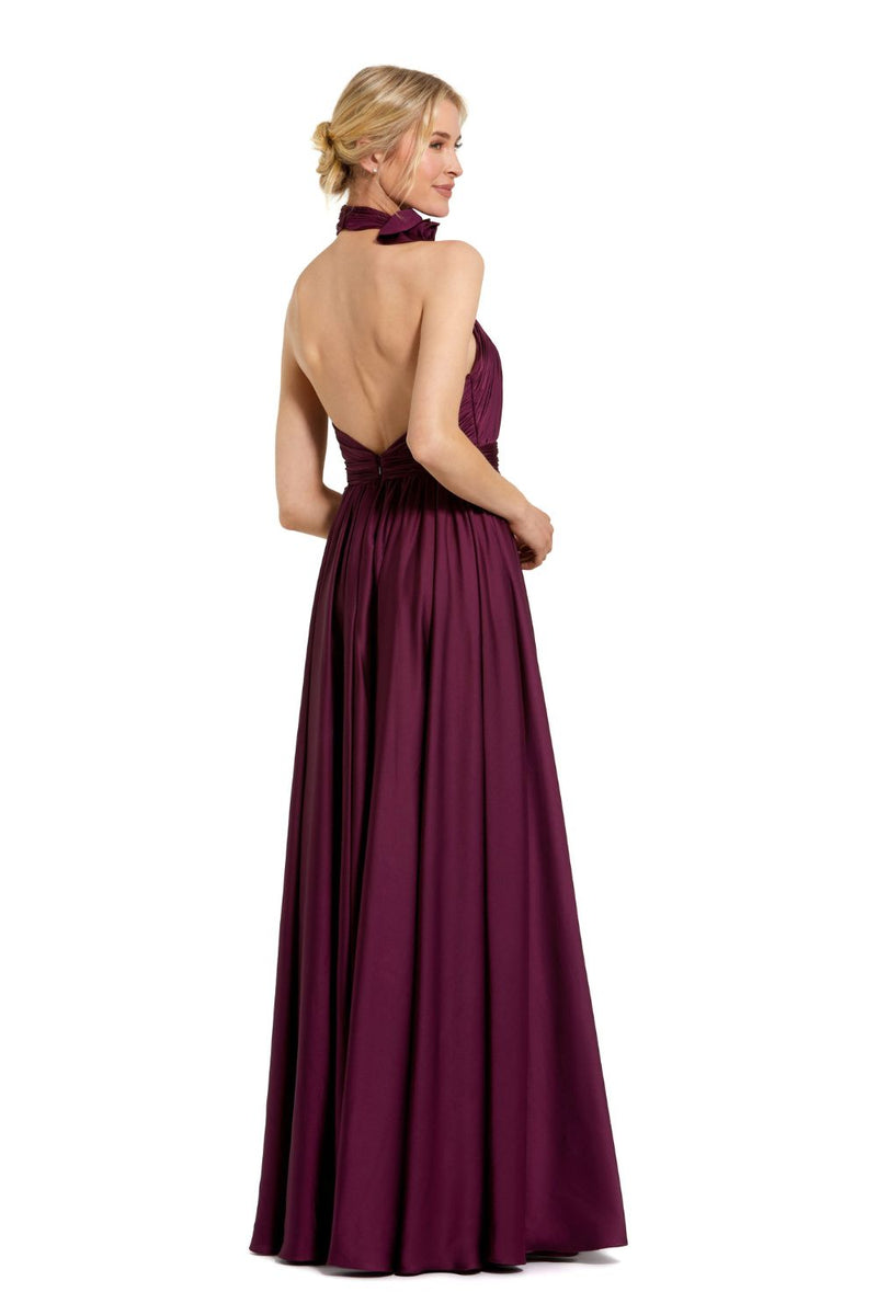 49333-Soft Tie Halter Neck High Slit Gown satin by Mac Duggal in red color for women in Singapore