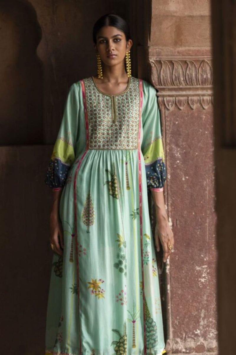 Nadira Powder Blue Front Puckering Kurta Set silk by Rajiramniq in green color for women in Singapore