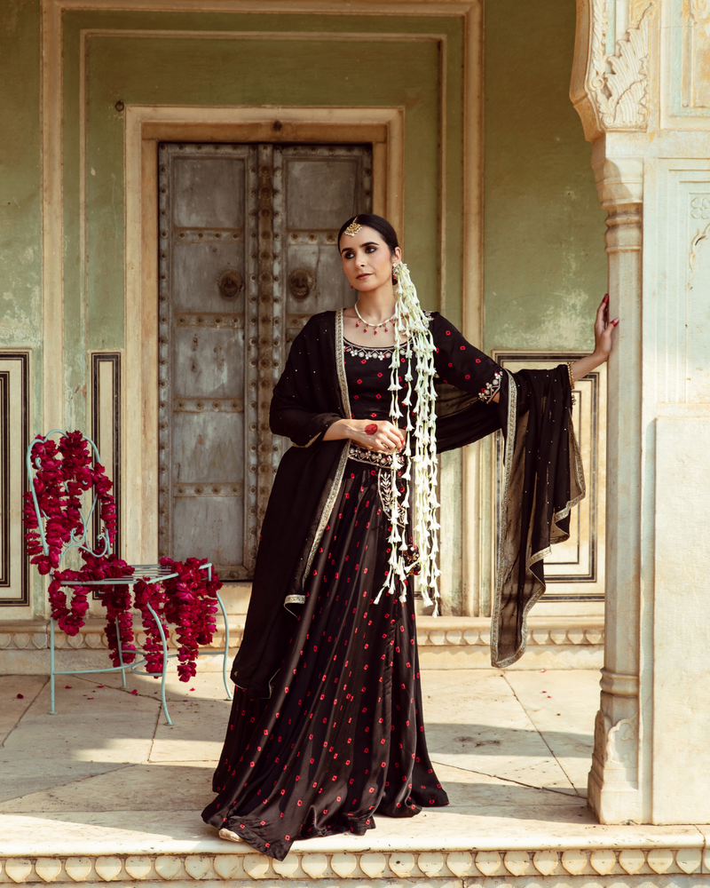 Black & Red Bandhej Print Lehenga Set satin Buy Black & Red Bandhej Print Lehenga Set from C&W | Lehenga Sets for Women by Maison Shefali in multi color for women in Singapore