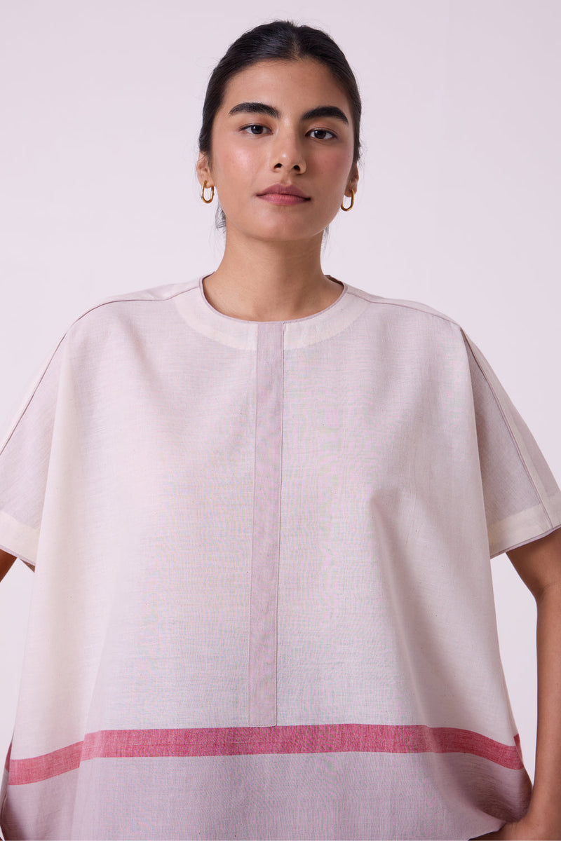 Kaze Ecru Colourblocked Handwoven Tent Top handwoven cotton top/shirt by The Summer House in off white for women in Singapore