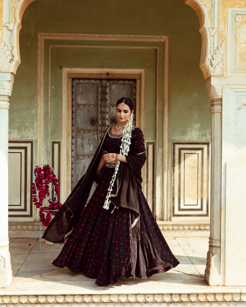 Black & Red Bandhej Print Lehenga Set satin Buy Black & Red Bandhej Print Lehenga Set from C&W | Lehenga Sets for Women by Maison Shefali in multi color for women in Singapore