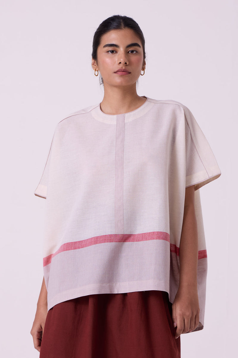 Kaze Ecru Colourblocked Handwoven Tent Top handwoven cotton top/shirt by The Summer House in off white for women in Singapore