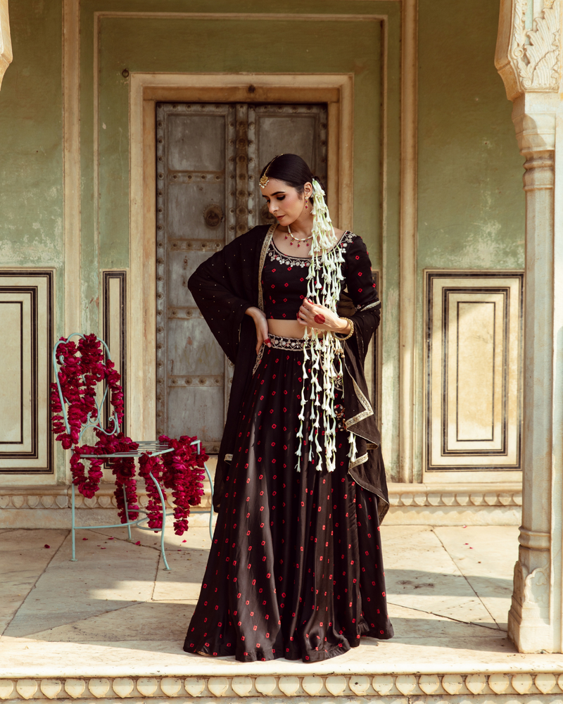 Black & Red Bandhej Print Lehenga Set satin Buy Black & Red Bandhej Print Lehenga Set from C&W | Lehenga Sets for Women by Maison Shefali in multi color for women in Singapore