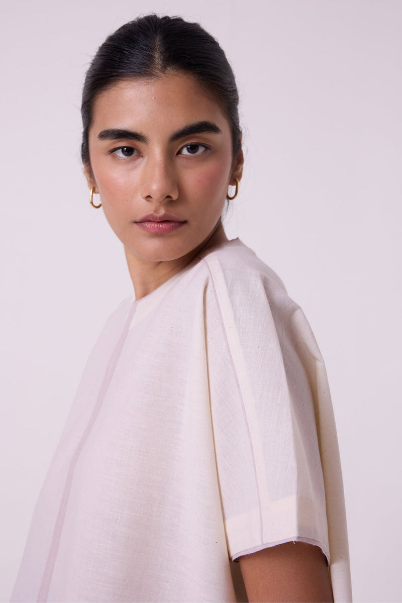 Kaze Ecru Colourblocked Handwoven Tent Top handwoven cotton top/shirt by The Summer House in off white for women in Singapore