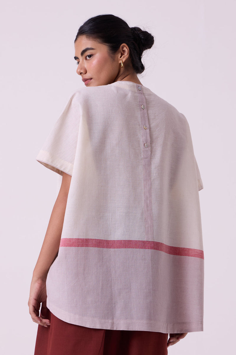 Kaze Ecru Colourblocked Handwoven Tent Top handwoven cotton top/shirt by The Summer House in off white for women in Singapore