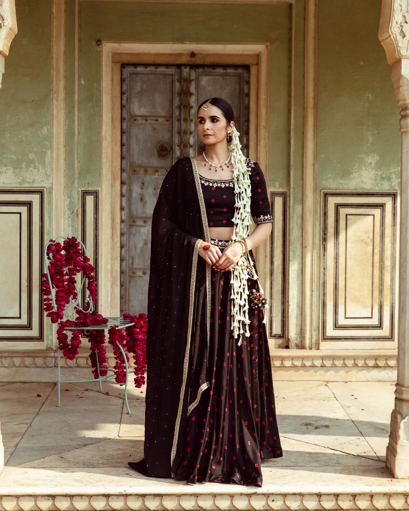 Black & Red Bandhej Print Lehenga Set satin Buy Black & Red Bandhej Print Lehenga Set from C&W | Lehenga Sets for Women by Maison Shefali in multi color for women in Singapore