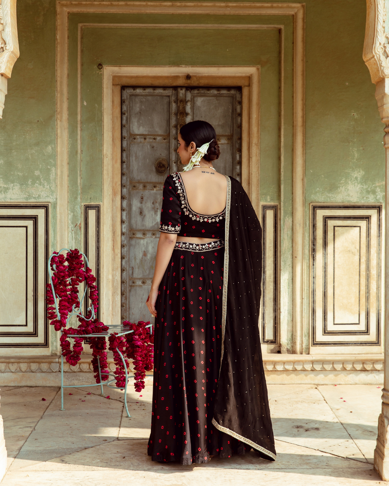 Black & Red Bandhej Print Lehenga Set satin Buy Black & Red Bandhej Print Lehenga Set from C&W | Lehenga Sets for Women by Maison Shefali in multi color for women in Singapore