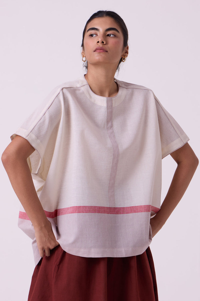 Kaze Ecru Colourblocked Handwoven Tent Top handwoven cotton top/shirt by The Summer House in off white for women in Singapore