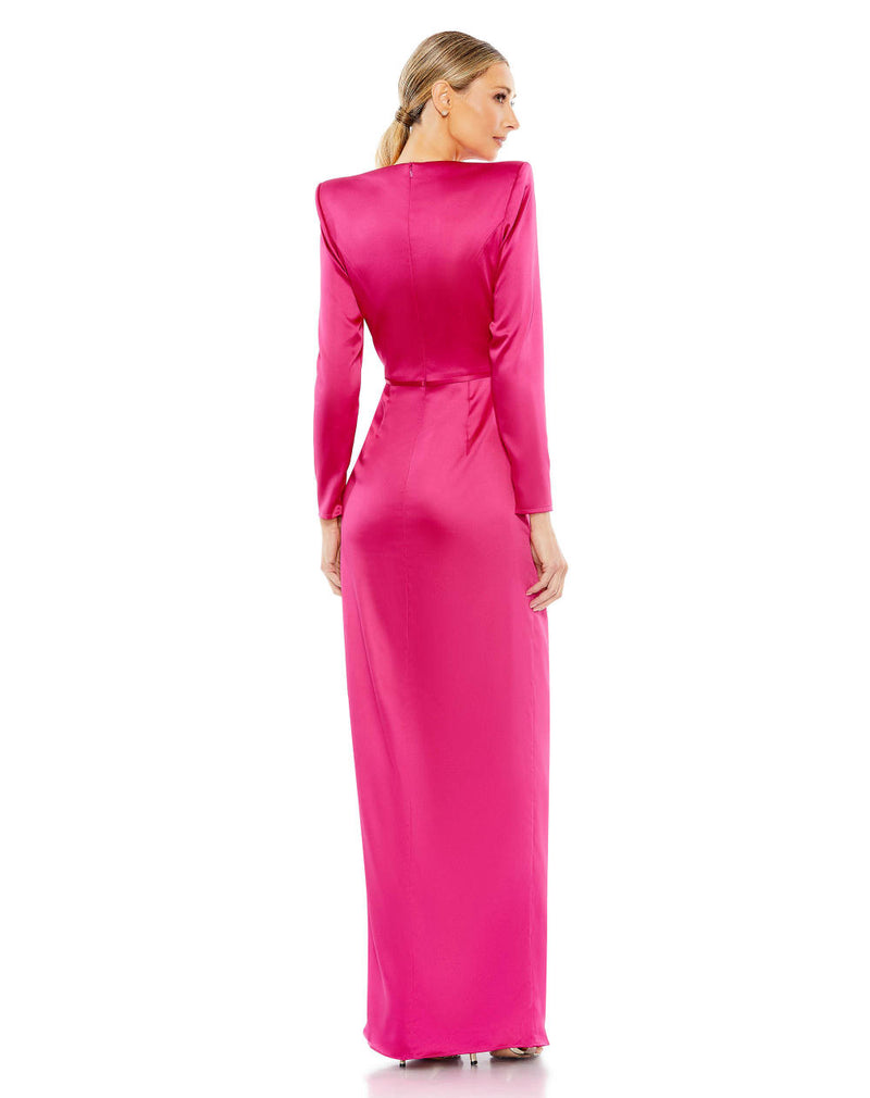 26676-Long Sleeve Structured Bow Draped Gown satin by Mac Duggal for women in Singapore
