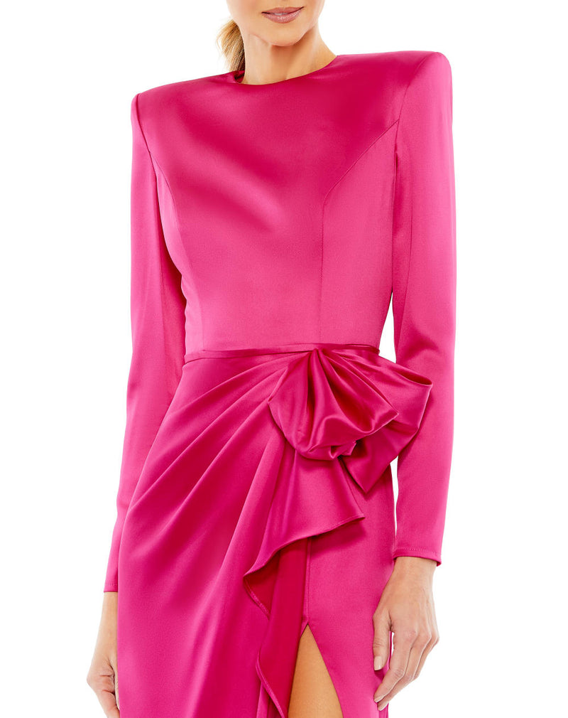 26676-Long Sleeve Structured Bow Draped Gown satin by Mac Duggal for women in Singapore