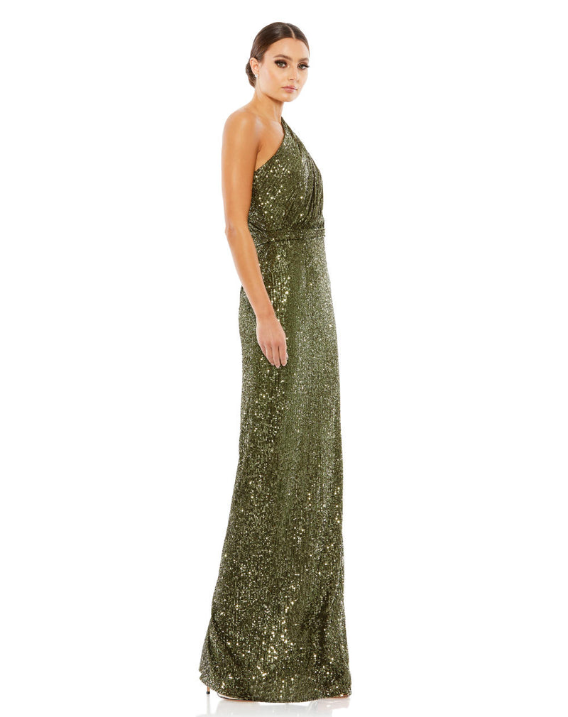 26694-Sequined Ruched One Shoulder Gown by Mac Duggal in olive color for women in Singapore
