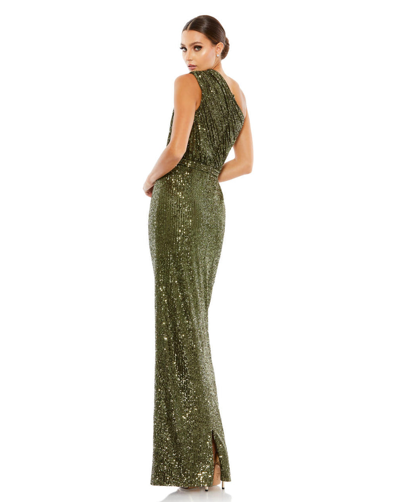 26694-Sequined Ruched One Shoulder Gown by Mac Duggal in olive color for women in Singapore