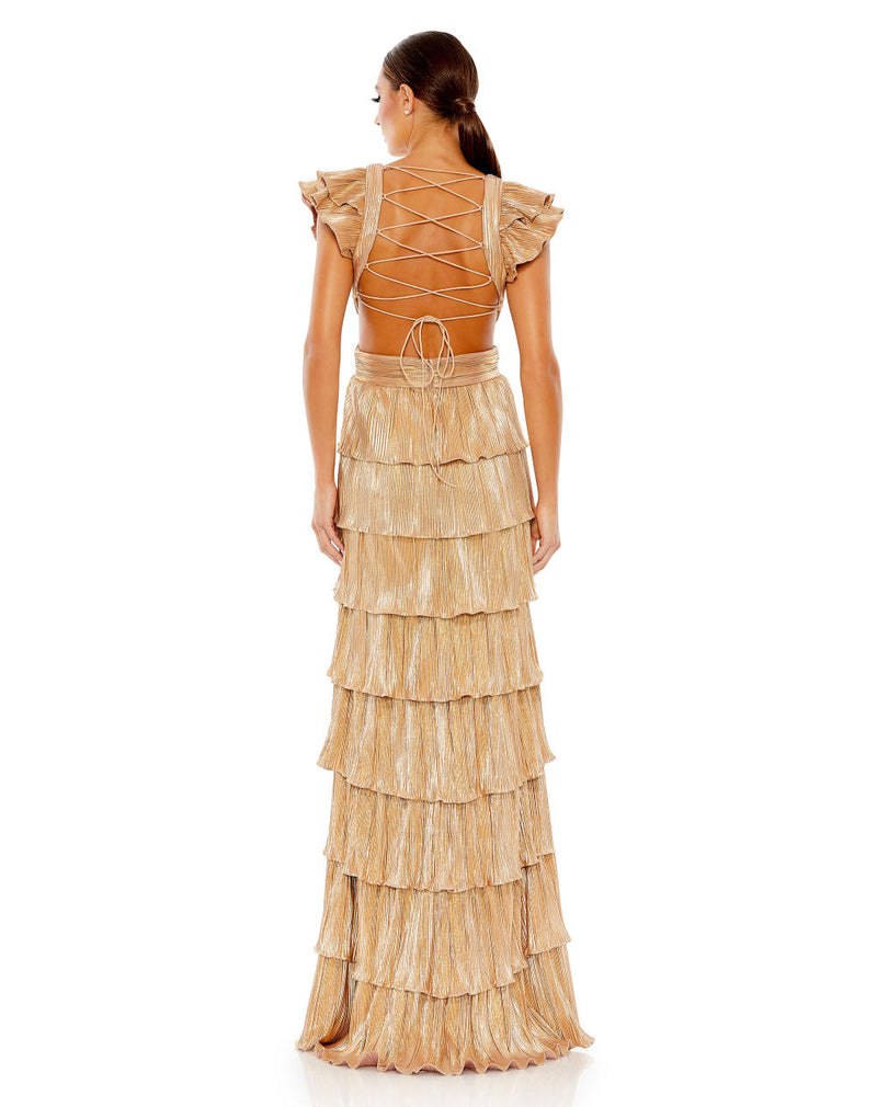 MD-26740 Tiered Backless Dress-Gold by Mac Duggal in gold color for women in Singapore