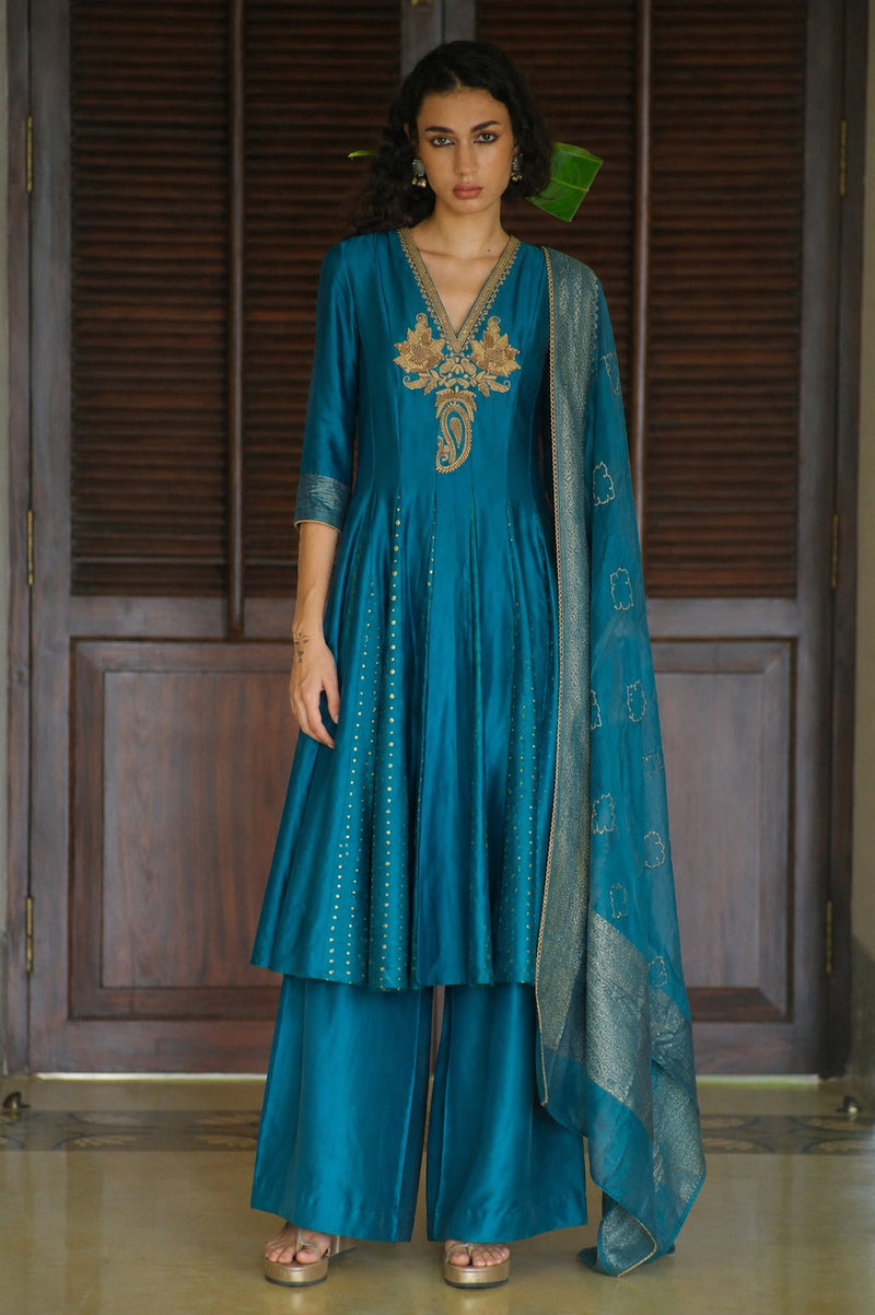 Parijat Kurta Set brocade, chanderi silk kurta/kurta set by Myoho in turqouise for women in Singapore
