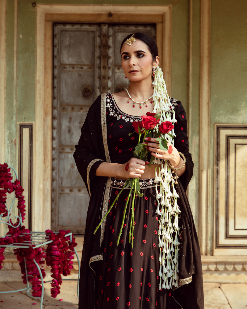 Black & Red Bandhej Print Lehenga Set satin Buy Black & Red Bandhej Print Lehenga Set from C&W | Lehenga Sets for Women by Maison Shefali in multi color for women in Singapore
