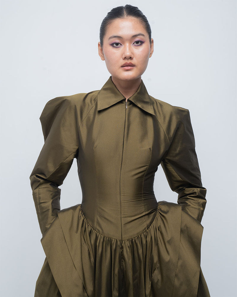 Ece Dress viscose by Leh Studios in olive for women in Singapore