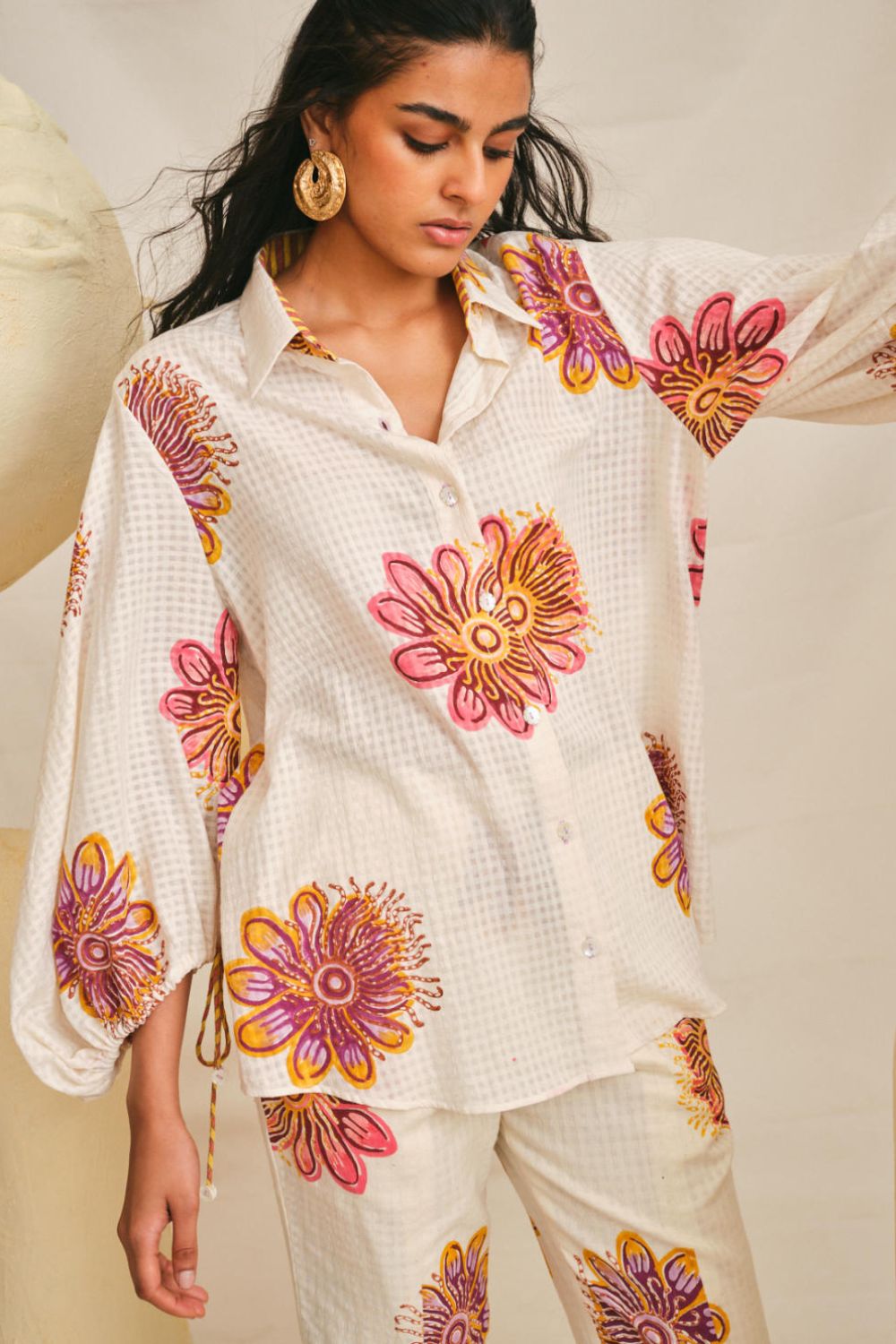 JodiLife Kolam floral print co-ord set with handwoven cotton shirt and matching trousers