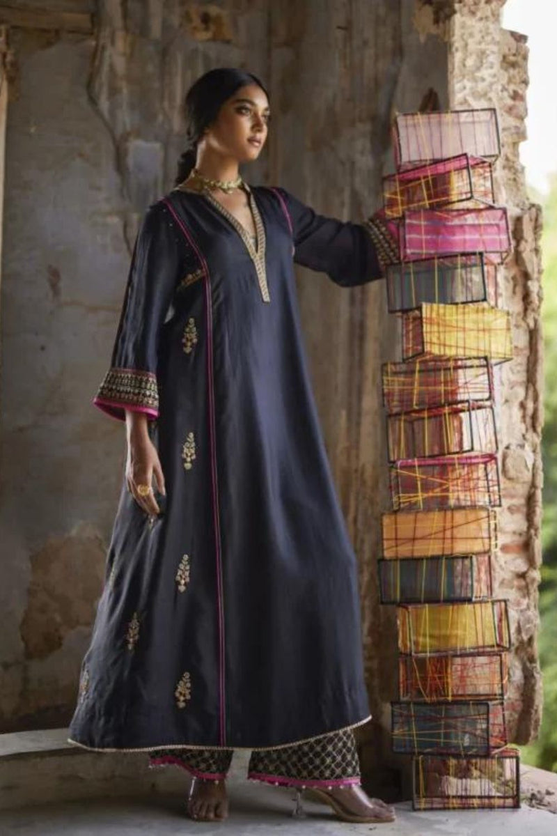 Nadira Black Silk Butti Back Yoke Kurta Set silk by Rajiramniq in black color for women in Singapore