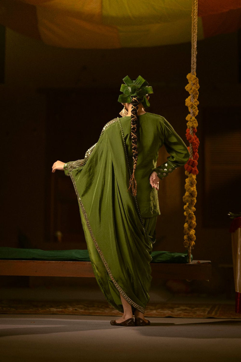 Sunira Green Toga Drape Dress with Tunic and Dhoti Skirt- Mehendi