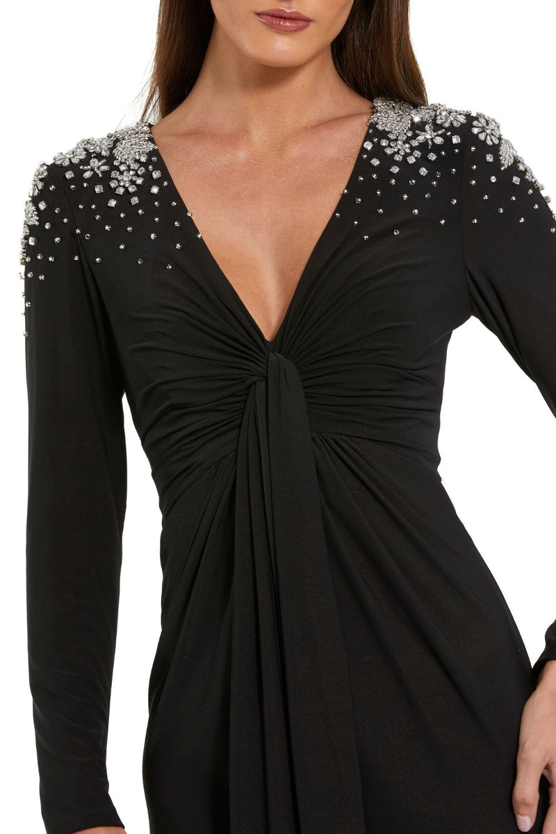 44063-Jersey V Neck Faux Knot Gown With Beaded Shoulders by Mac Duggal in black color for women in Singapore