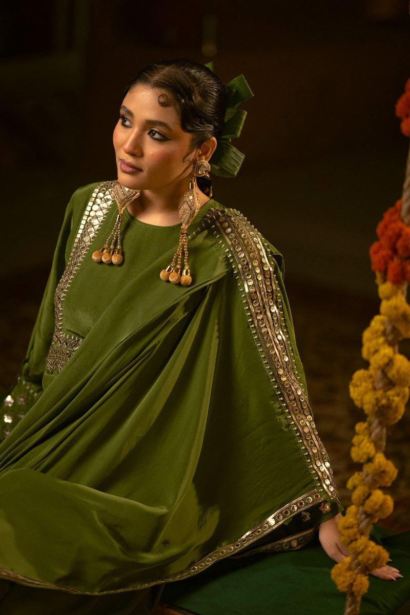 Sunira Green Toga Drape Dress with Tunic and Dhoti Skirt- Mehendi