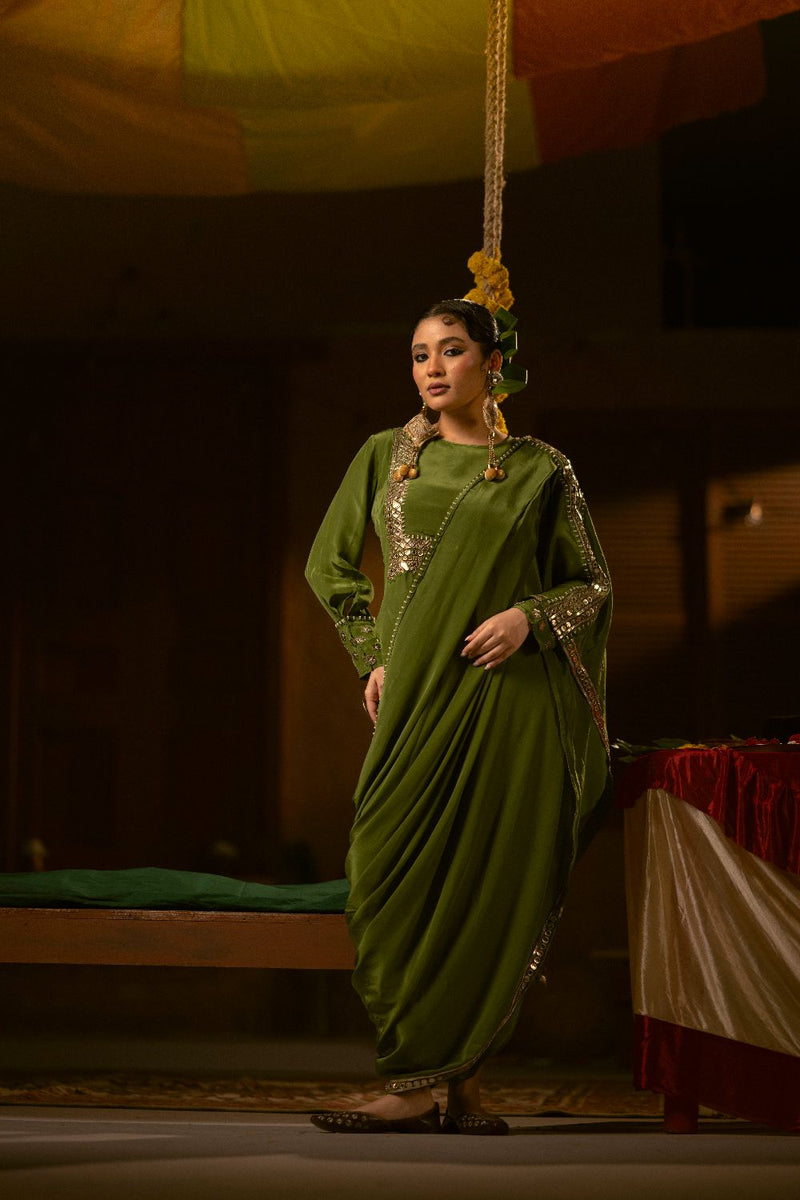 Sunira Green Toga Drape Dress with Tunic and Dhoti Skirt- Mehendi