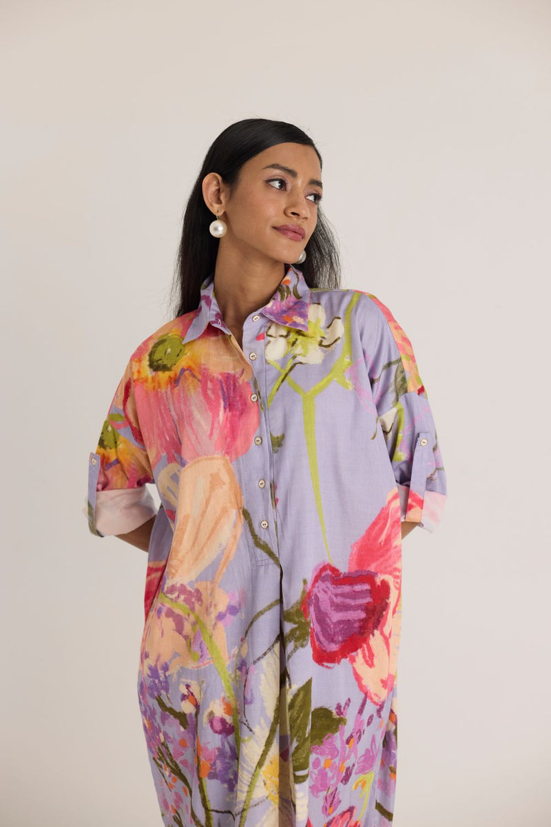 DOLLY PURPLE SHIRT DRESS satin by Yam in multi color for women in Singapore