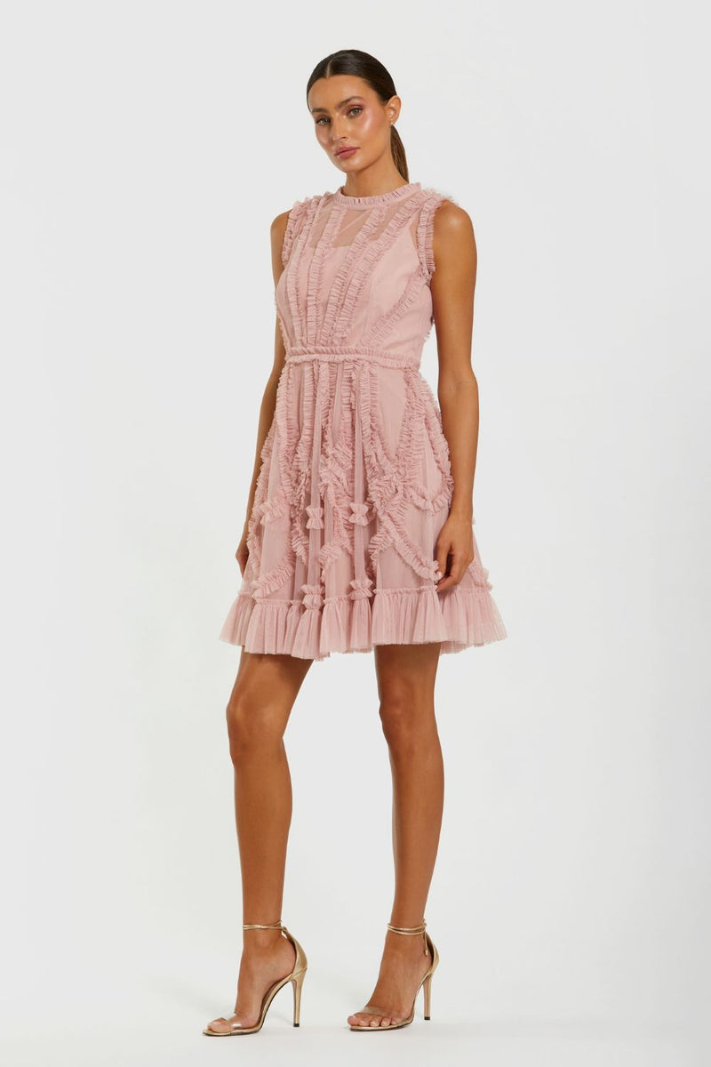 8289-Mesh Micro Ruffle High Neck Mini Dress by Mac Duggal in gold color for women in Singapore